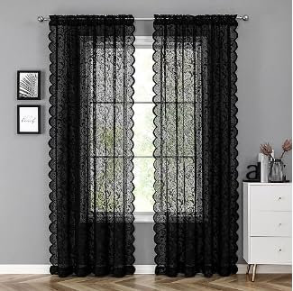 Bujasso Black Lace Sheer Curtains 90 inch Vintage Floral Sheer Window Curtain Panels for Living Room Bedroom Elegant Light Filtering Black Drapes Window Treatment Set Rod Pocket 2 Panels 54 Wx90 L