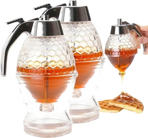 Kolarmo Easy Honey Dispenser Kettle, 2024 Upgrade Acrylic Honey Dispenser No Drip Syrup Dispenser with Stand, Ease to Ues High Capacity Transparent Honey Jar Container Kitchen Gadgets (2pcs)