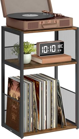 VASAGLE Soporte para tocadiscos, mesa auxiliar de 3 niveles, almacenamiento para discos de vinilo para hasta 100 álbumes, mesa auxiliar para salón, dormitorio, color marrón rústico ULET275K01