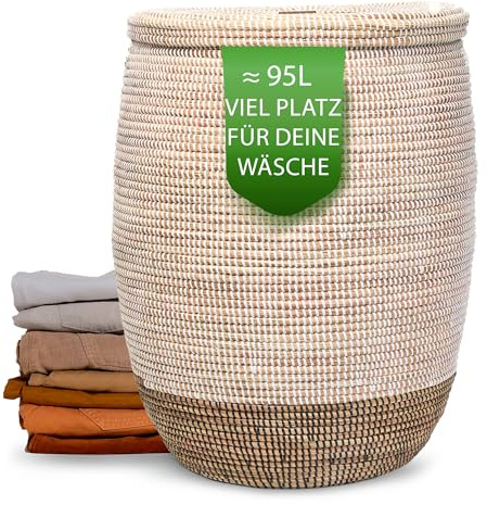 YAADU Wäschekorb mit Deckel 95L – Großer Wäschesammler mit Deckel, Geflochtene Wäschetonne, Boho Wäschekorb mit Henkeln, Wäschebehälter für Schmutzwäsche, Modell Fela (Weiß-Schwarz-Flach)