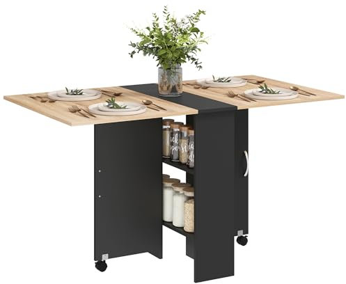 HOMCOM Folding Dining Table, Drop Leaf Table with 2-Tier Shelves, Rolling Casters, for Small Spaces, Kitchen, Oak and Black