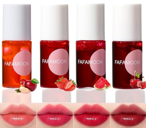 Pakivs 4 Colors Lip Tint Stain Set,Mini Water Lipstick,Korean Lip Gloss Moisturizing Natural,Long Lasting Waterproof,Multi-Use Lip and Cheek Tint(Apple& Strawberry& Watermelon& Cherry)