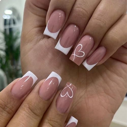 GlamRays - 24 pezzi, unghie finte adesive in acrilico con punte french, lunghe e quadrate con cuore bianco