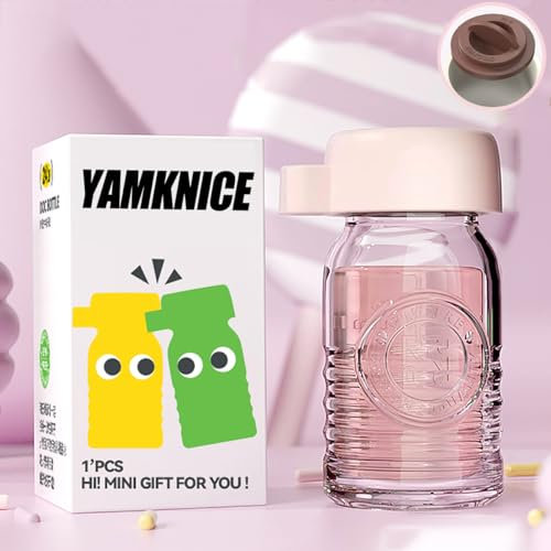 YAMKNICE Bouteilles d'eau transparentes de petite taille - 70 ml (2,4 oz), mini bouteilles de jus en verre avec couvercles, Bouteilles en verre anti-fuite pour jus, lait, etc., sans BPA (Pink Lids)
