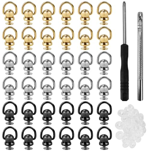 36 Stück Schrauben Nieten, D Ring Nieten, D Ring Stud Screw, D Ring Stud Screw Rivets with Screwdriver, Hole Puncher, Washer, Studs Rivets for Leather Purses, Mobile Phone Bags,(Gold, Silver, Black)