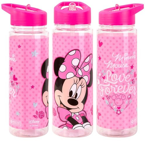 TDL Minnie Mouse 650ml BPA-Free Pink Plastic Sports Bottle with Flip Straw Lid – Kids Hydration Bottle for School, Sports, Play, Gifting
