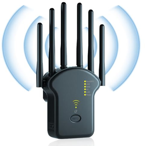 VHV Répéteur WiFi Exterieur, Repeteur WiFi Puissant 1200Mbps Repeteur WiFi 6 Antennes, Amplificateur WiFi sans Fil WiFi Extender, Supporte Jusqu'à 45 Appareils, équipé de 2 Ports Ethernet (Noir)