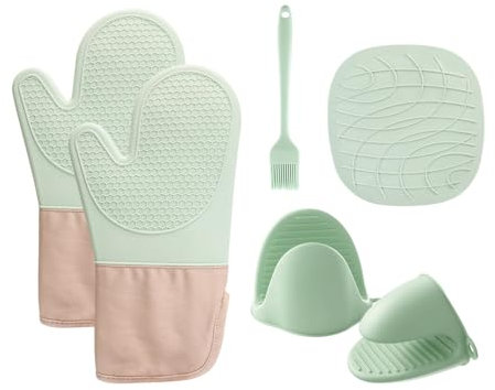 Guantes de Horno Resistentes al Calor (Juego de 6), Accesorios de Cocina, Guantes de Horno, Manoplas de Silicona Antideslizantes, Guantes de Cocina, con Posavasos, Olla y Gancho Adhesivo y Cepillo