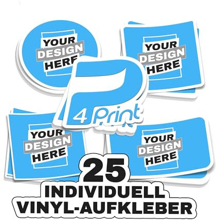 Personalisierte Aufkleber Selbst gestalten - Logo, Bild, Fotos - Wasserfest und spülmaschinenfest - 25 Etiketten 3cm - 15cm