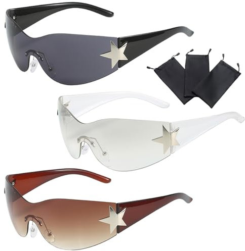 Hachera 3 Stück Punk Randlose Brille, Randlose Y2k Sonnenbrille, Y2K Wraparound Sonnenbrille, Wraparound Futuristische Brille Für Den Außenbereich, Sonnenschutz Im Sommer, Alltagskleidung
