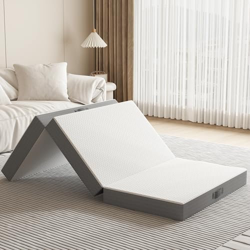 PurrJoys Folding Mattress Single 10CM, Trifold Guest Mattress with Washable Cover, Foldable Floor Mattresses for Travel, Camping, Studio, Dorm