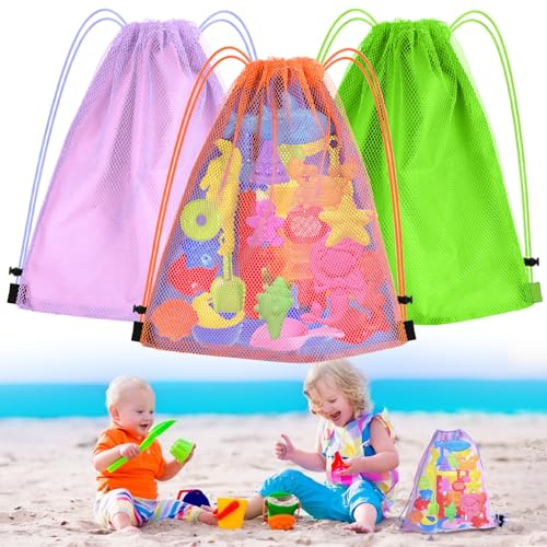 Netztasche Sandspielzeug, 3 PCS Kordelzug Netztasche, Sommer Aufbewahrungsnetztasche mit Kordelzug, Tasche Sandspielzeug, Geeignet Spielzeug, Aufbewahren, für Urlaubsreisen