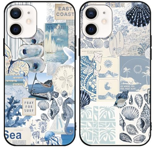 Phoona 2 Pack Cute Case for iPhone 12 Mini 5.4, European Collage Preppy Summer Girly Design Pattern for Girls Women, Slim Soft Silicone Shockproof Bumper Protector Cover, Blue 04