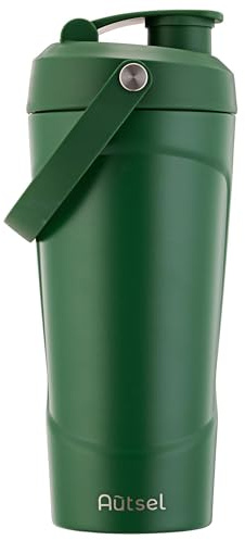 Autsel Protein Shaker - 750ml Stainless Steel Shaker Bottle for Fast, Clump-Free Mixing | Insulated Metal Protein Shaker Cup with MixBall & Handle, Leak-Proof & BPA Free, Army Green