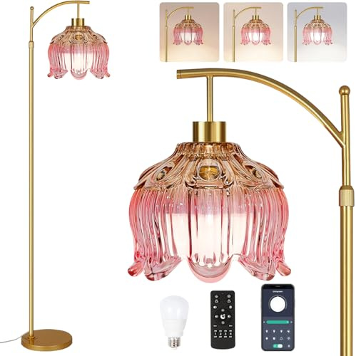 QIYIZM Pink Floor Lamp for Living Room,Bedroom,Glass Gold Dimmable Standing Lamp with Remote,Mid Century Modern Brass Tall Lamp Boho Floor Lamps Arc Stained Tulip Flower Floor Light Lamp Bohemian