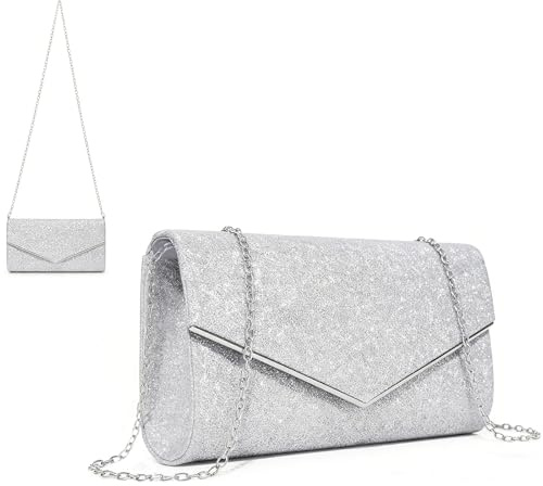 Clutch Silber, Abendtasche Damen, Glitzerstoff, feste Kette&viel Stauraum | Magnetverschluss & abnehmbare Kette, geräumiges Innenfach für Handy Kosmetik, perfekt für Hochzeiten, Bälle und Festivals