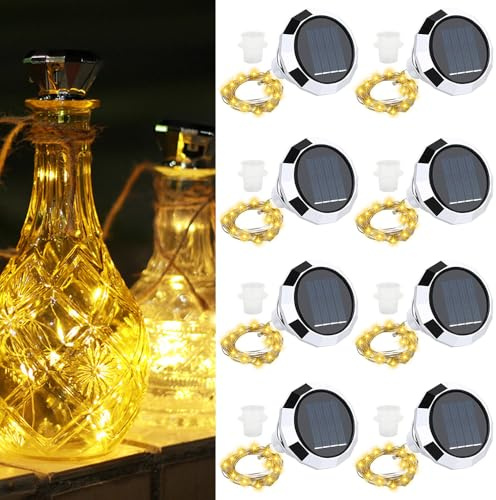 Nzkeuf Flaschenlichterkette Korken, 8 Stück Solar Flaschen Outdoor, 20 LEDs 2M Flaschenbeleuchtung, Weinflasche Lichtkette für DIY, Party, Garten, Hochzeit, Außen Innen Deko, Universalgröße
