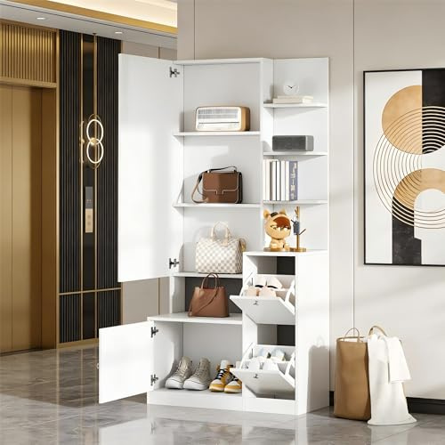 Kebnor Armario alto con espejo y zapatero, armario de pasillo, perchero con dos puertas, vitrina con 5 estantes, 85 x 40 x 180 cm (blanco-2)
