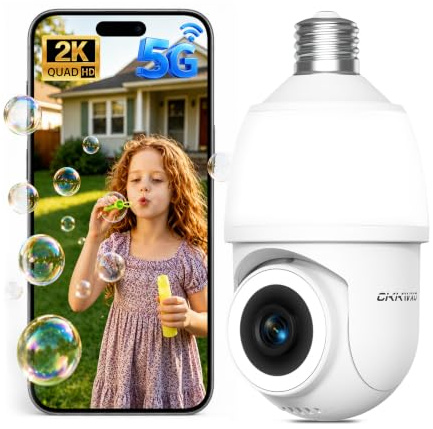CiKiKWXO 2K Telecamera Lampadina WiFi Esterno per E27 Portalampada | 2.4/5GHz Videocamera di Sorveglianza Interno con Visione Notturna a Colori, Inseguimento Automatico, PTZ, Allarme, Alexa