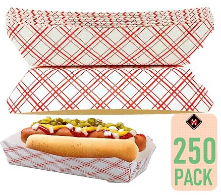Mr Miracle 7 Inch Paper Hot Dog Tray in Red White Pattern. Pack of 250. Disposable, Recyclable and Fully Biodegradable. Made in USA