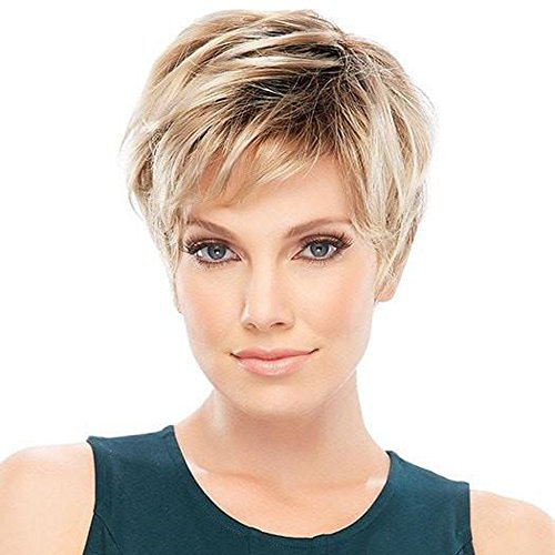 HAIRCUBE Charming Echthaar-Perücke für Frauen, kurzes blondes Haar mit schwarzen Wurzeln