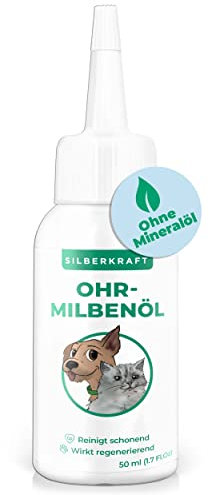 Silberkraft Ohrmilbenöl 50 ml für Hunde, Katzen und andere Haustiere, wirksames Pflege-Mittel gegen Ohrmilben, Ohrräude, Juckreiz, Hefepilz und Entzündungen am Ohr, sanfte und schonende Reinigung