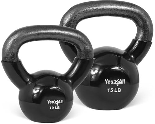 Yes4All Kettlebells 10 6,8 kg Set Gewicht Vinyl beschichtetes Gusseisen für Hantelgewichte Übungen, Fitnessstudio, Fitness, Ganzkörper-Trainingsgeräte Push Up, Grip und Krafttraining, Schwarz