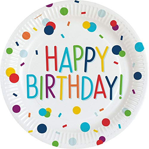 Amscan 9906344 - Teller Happy Birthday, 8 Stück, Durchmesser 22,8 cm, Pappteller, Einwegteller, Geburtstag