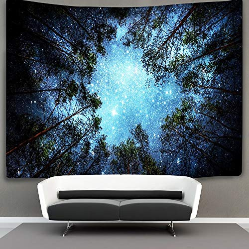 Jorisa Wald Sternenhimmel Tapisserie Wandteppich,Blau Nachthimmel Milchstraße Baum Natur Landschaft Hintergrund Stoff Wandbehang Wandtuch für Wohnzimmer,Schlafzimmer,Wohnheim,150x200cm