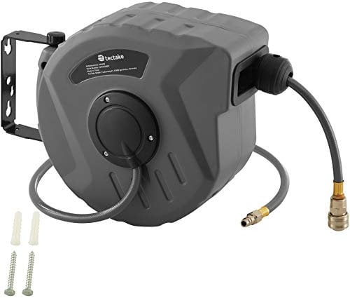 tectake® Druckluftschlauch, Schlauchtrommel mit Aufroller und ¼ Zoll Schnellkupplung, Schlauchaufroller mit Aufroll-Automatik und Schlauchstopp, mit Wandhalterung, Druckluft Zubehör - 10 m