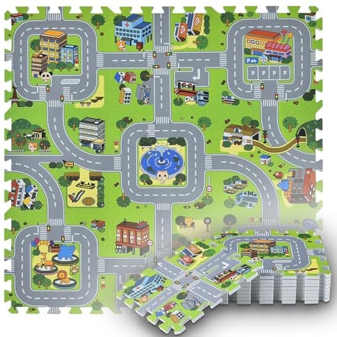 Juskys Kinder Puzzlematte Jascha 9 Teile — Stadt & Straßen - rutschfest & abwischbar - 1 cm dick — Spielmatte ab 10 Monate — Baby Puzzle Spielteppich