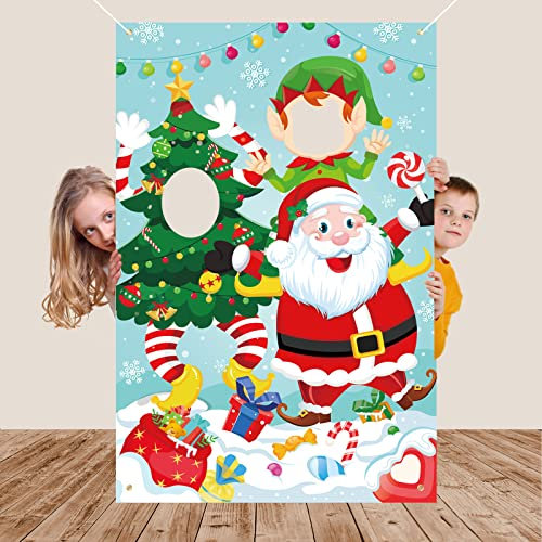 DPKOW Drôle Bannière Photo du Père Noël et de l'Elfe Vert pour Noël Photobooth Accessoires, Jeu de Visage pour la décoration de Fond de Noël Arbre de Noël Flocon de Neige Candy Cane, 150 * 100cm