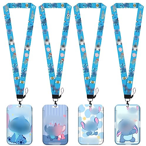 Babioms 4Pcs Stich Lanyard, Stich Lanyard Couverture de Carte, Dessin Animé Lanière, pour Carte D'Identité, Carte de Bus, Fournitures Scolaires de Bureau, Lanière Porte Carte, IFC0018-2