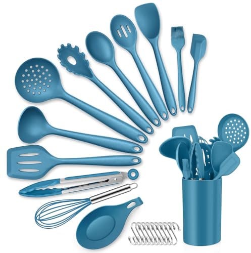 Kitchen Utensils Set, HaWare 13 Piece Silicone Cooking Utensils Set with Holder, Kitchen Tools Include Turner Spatula Spoon, Non-Stick Cookware Friendly & Heat Resistant, Dishwasher Safe-Blue