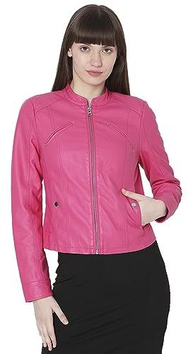 VERO MODA Chaqueta de piel sintética básica con cuello coreano y bolsillos con botones a la vista. Rosa Fucsia