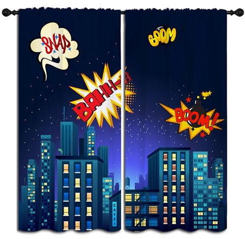 PYMATYTN Superhero Rod Pocket Blackout Curtains for Boy Girl Bedroom, Cartoon Skyline Buildings Cityscape Home Energy Efficient Light Filtering Window Curtain for Living Room, 84x84 inch