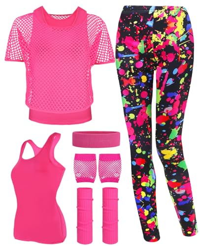 TraLxwee 80er 90er Jahre Outfit Damen, Netzshirt Damen, Tank top, Artistic Leggings, Beinwärmer, Netzhandschuhe, Stirnband, 80er Jahre Kostüm Damen Neon Party Accessoires