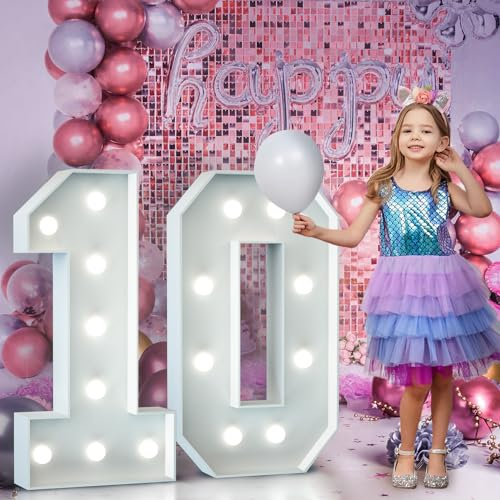 10th Birthday Decorations for Girl Boy: 3FT Large Light Up Numbers 10th Wedding Anniversary Party Decor Light Up Balloons Big Marquee Number for Birthday Gift Cardboard Mosaic Balloon Pre-cut Foam