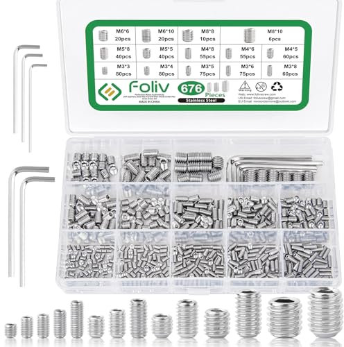 Foliv 676 Stück Madenschrauben Sortiment Set Edelstahl M3 M4 M5 M6 M8 Madenschrauben/Innensechskant Gewindestifte DIN 913,Sechskantkopf Schrauben mit Schraubenschlüssel für Türgriff, Türklinke