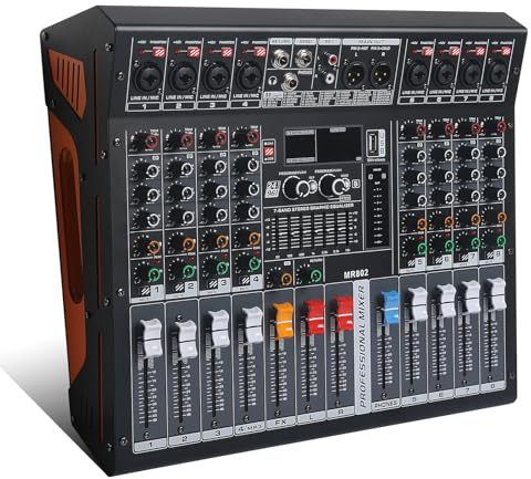 Mesa de mezclas de audio, 8 canales, amplificador estéreo integrado de 4Ohm 2x300W y alimentación phantom de 48V, mesa de mezclas de sonido con 99 efectos DSP FX Reverb-Delay para streaming