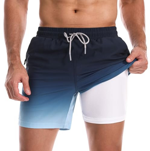 Danfiki Maillot de Bain Homme avec Doublure en Maille Compression Liner 2 en 1 Court Short de Natation Gradient Color