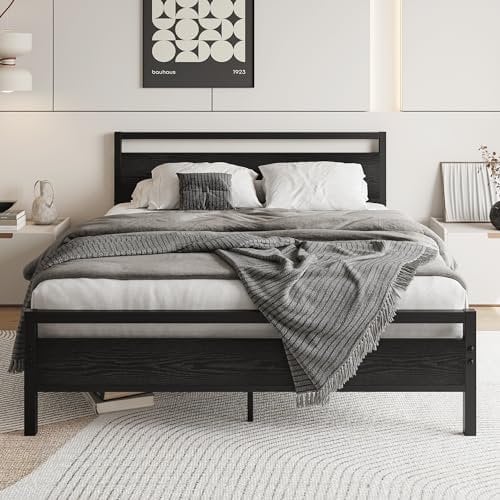HOJINLINERO Bettgestell 140x200,Doppelbett Bettrahmen Metallbett 140x200 mit lattenrost aus Metall & Holz Kopfteil,Gästebett Jugendbett, für Schlafzimmer Gästezimmer,Bed Frame Schwarz