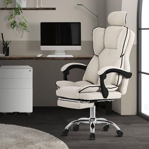 ML-Design Silla de Ordenador Beige Ergonómica Regulable en Altura con Respaldo Alto Asiento Gaming Giratorio con Reposapíes, Cojín y Reposacabezas Mueble de Oficina con Función Balancín