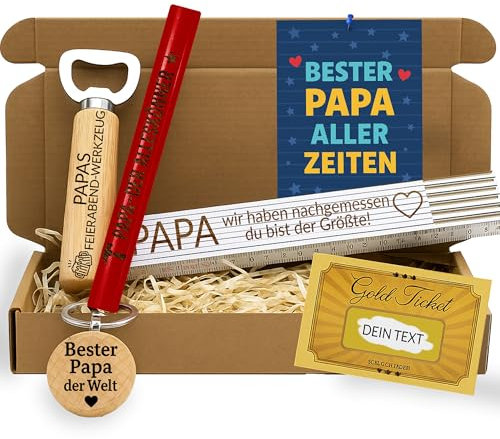 Papa Geschenkset zum Vatertag Geburtstag Männer – Geschenkbox mit Zollstock, Flaschenöffner, Schlüsselanhänger, Bleistift, Rubbelkarte & Fotokarte – Lustige Geschenke für Männer & Väter