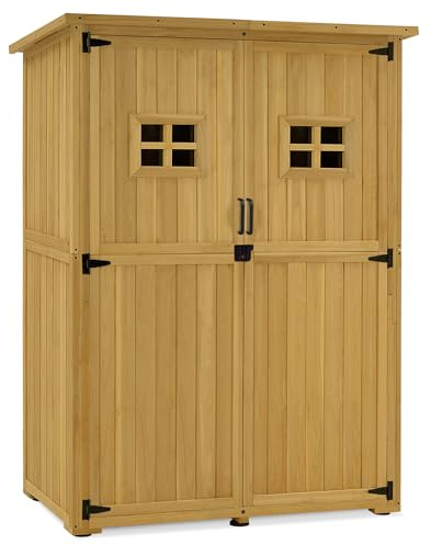 M MCombo Gartenschrank Holz, Gartenhaus Klein Wetterfest, Outdoor Gerätehaus Geräteschuppen, für Außenbereich Balkon Terrasse, 59×127×168 cm, 0912-F (Natur)