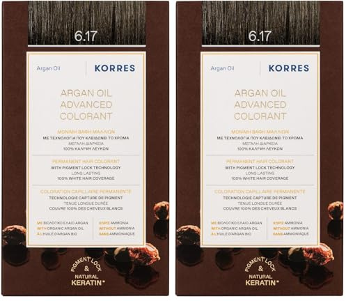 KORRES Argan Oil Colorant - tinte sin amoniaco con aceite de argán orgánico Rubio Oscuro Beige 6.17-100% cobertura de canas & vegano para un resultado de color duradero (Paquete de 2)