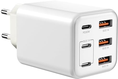 60W USB C Ladegerät, 6 Port Ladeadapter [3 USB-C + 3 USB-A], Mehrfach-Ladeanschluss mit PD+QC, Fast Power Adapter Ladestecker, USB Wandladegerät für iPhone 16/15/14/13/Samsung/iPad/Tablets