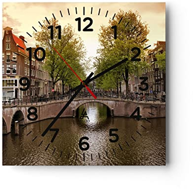 Modern Wanduhr Kanal Wasser Amsterdam Fahrrad 40x40cm Quadrat Groß Wand Uhr Glas Analog Zimmeruhren Küche Büro Wohnzimmer Glasuhr Wall Clock Dekoration Design Wanddekoration Küchenuhr C4AC40x40-2697