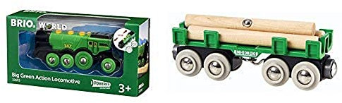 BRIO World 33593 Grüner Gustav elektrische Lok – Batterie-Lokomotive mit Licht & Sound – Kleinkinderspielzeug empfohlen ab 3 Jahren & 33696 - Langholzwagen