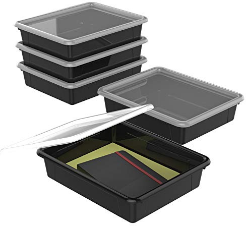 Storex Lot de 5 plateaux de rangement plats format lettre – Bac de rangement avec couvercle anti-claquement pour salle de classe, bureau et maison, noir, lot de 5 (62535U05C)